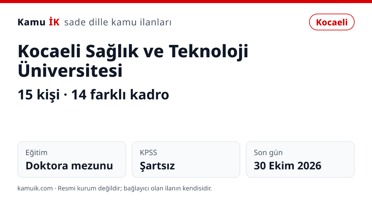 Kocaeli Sağlık ve Teknoloji Üniversitesi ilanının özet kartı: 15 kişi, Kocaeli, son başvuru 30 Ekim 2026