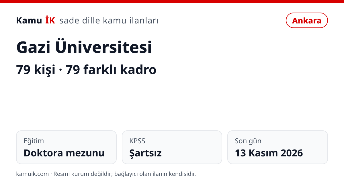 Gazi Üniversitesi ilanının özet kartı: 79 kişi, Ankara, son başvuru 13 Kasım 2026