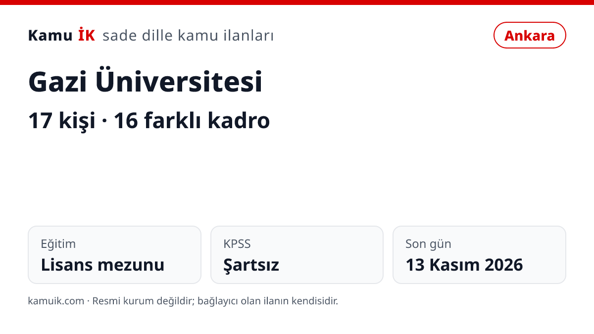 Gazi Üniversitesi ilanının özet kartı: 17 kişi, Ankara, son başvuru 13 Kasım 2026