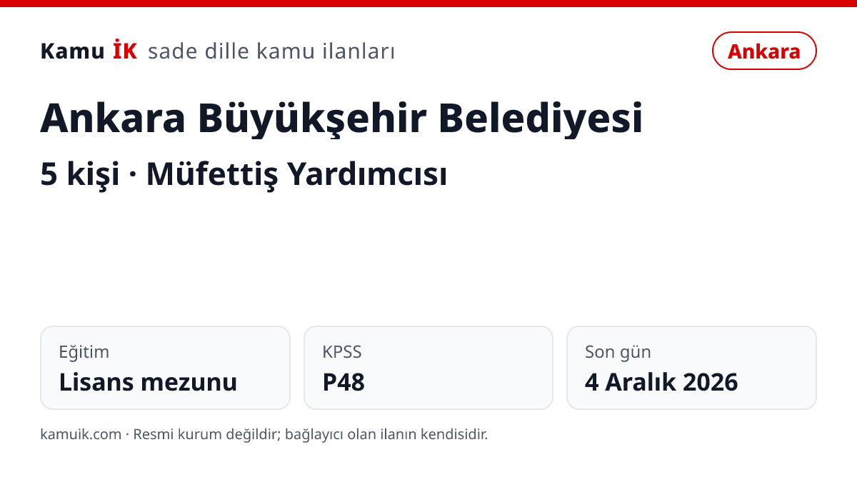 Ankara Büyükşehir Belediyesi ilanının özet kartı: 5 kişi, Ankara, son başvuru 4 Aralık 2026