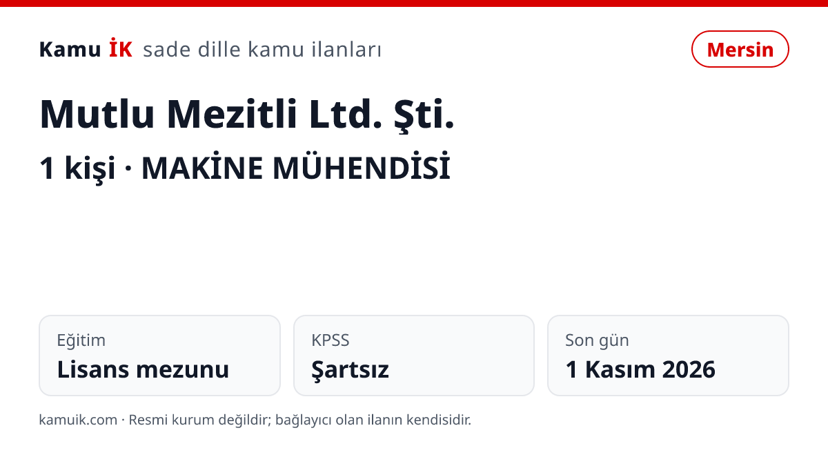 Mutlu Mezitli Ltd. Şti. ilanının özet kartı: 1 kişi, Mersin, son başvuru 1 Kasım 2026
