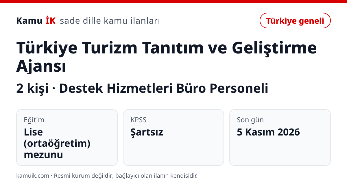 Türkiye Turizm Tanıtım ve Geliştirme Ajansı ilanının özet kartı: 2 kişi, son başvuru 5 Kasım 2026