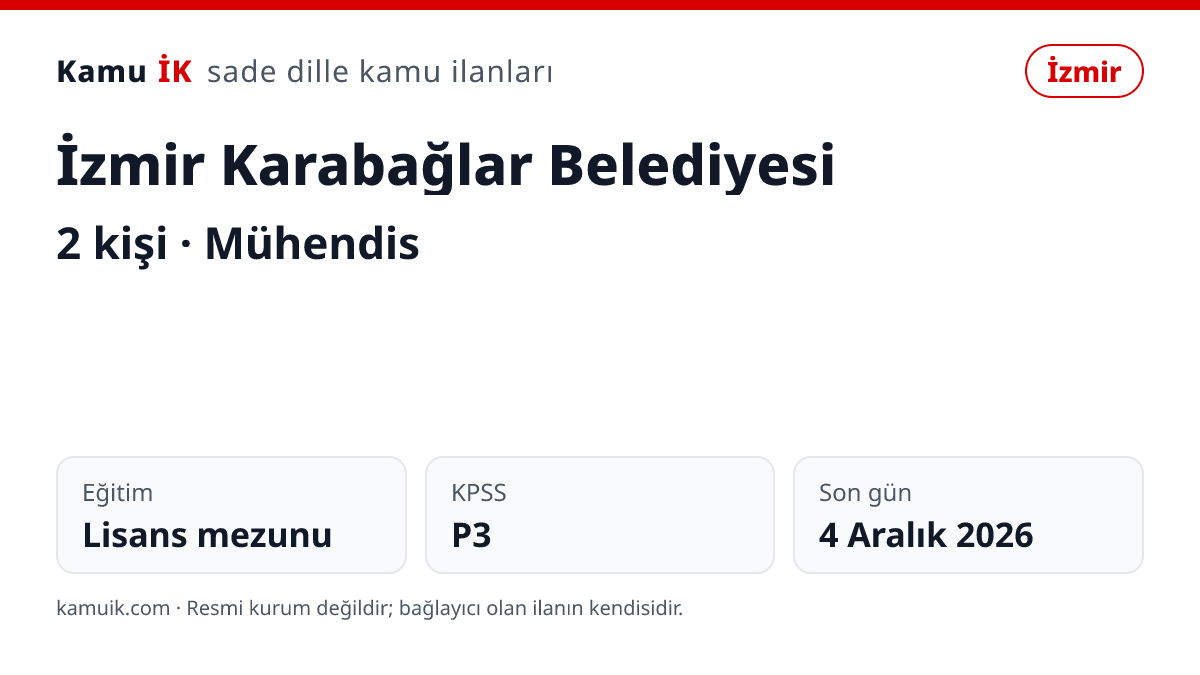 İzmir Karabağlar Belediyesi ilanının özet kartı: 2 kişi, İzmir, son başvuru 4 Aralık 2026