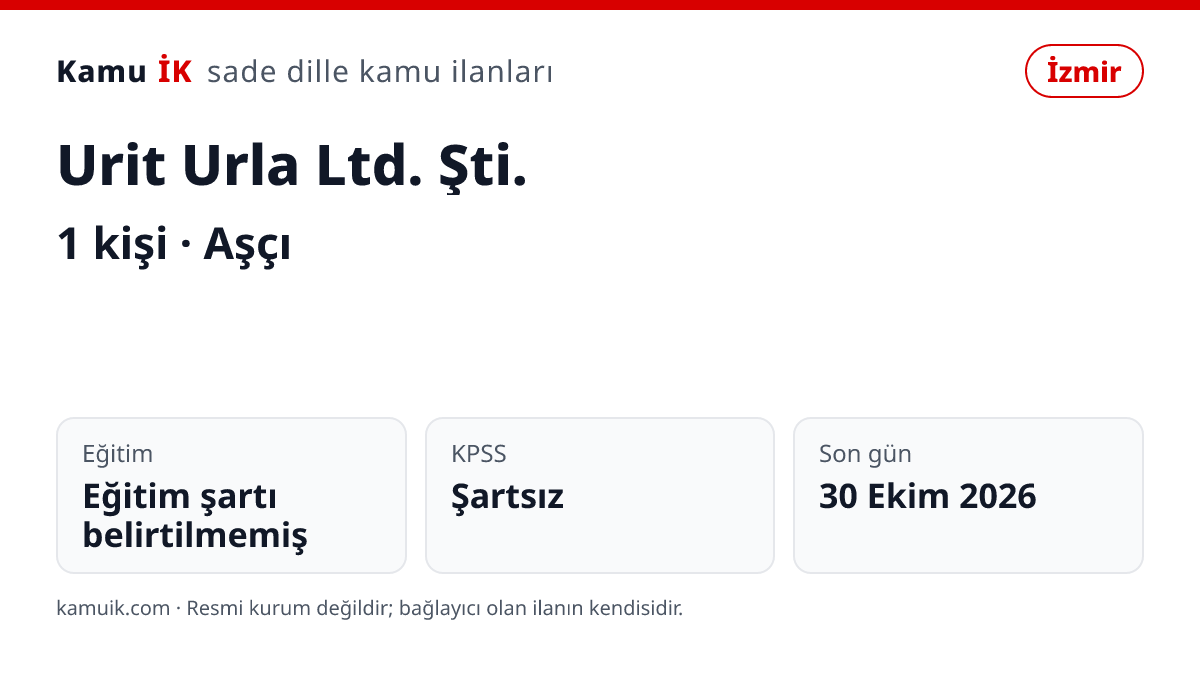 Urit Urla Ltd. Şti. ilanının özet kartı: 1 kişi, İzmir, son başvuru 30 Ekim 2026