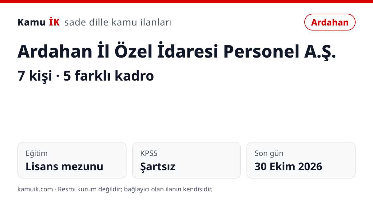 Ardahan İl Özel İdaresi Personel A.Ş. ilanının özet kartı: 7 kişi, Ardahan, son başvuru 30 Ekim 2026