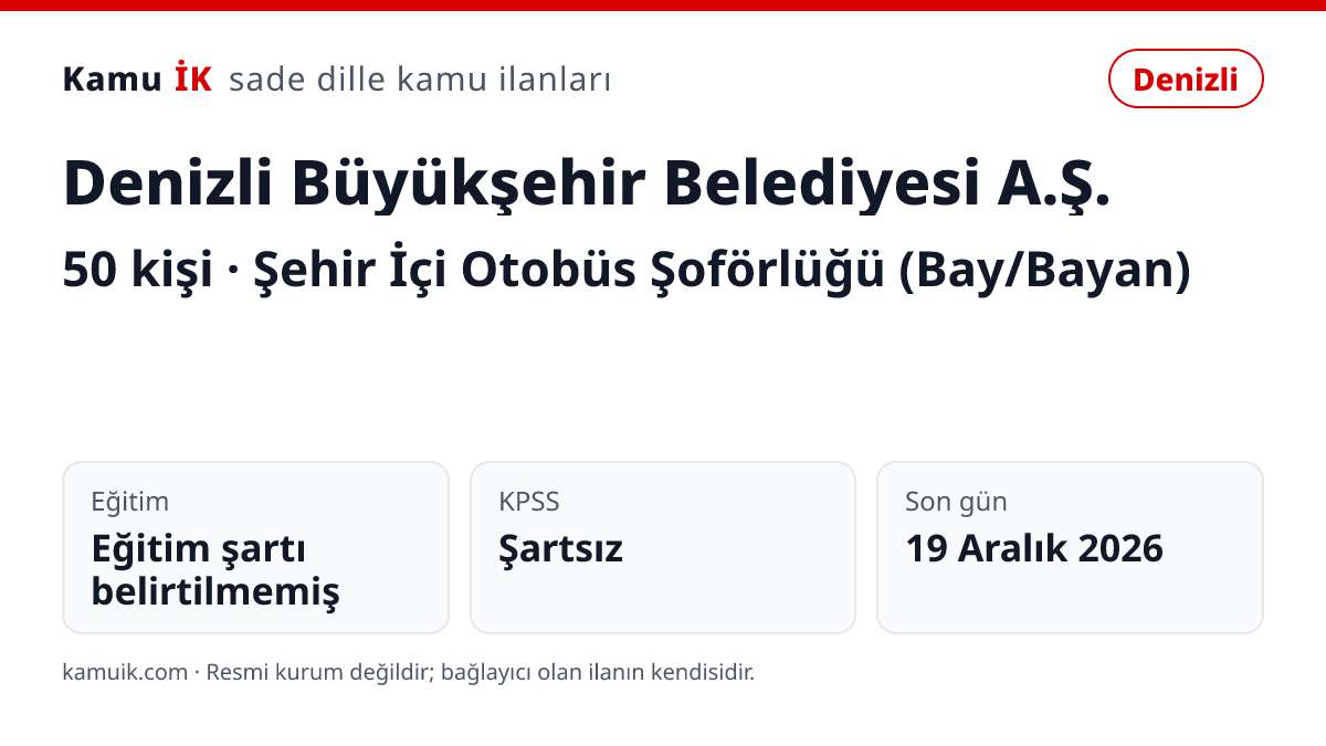 Denizli Büyükşehir Belediyesi A.Ş. ilanının özet kartı: 50 kişi, Denizli, son başvuru 19 Aralık 2026