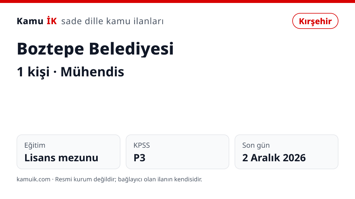Boztepe Belediyesi ilanının özet kartı: 1 kişi, Kırşehir, son başvuru 2 Aralık 2026