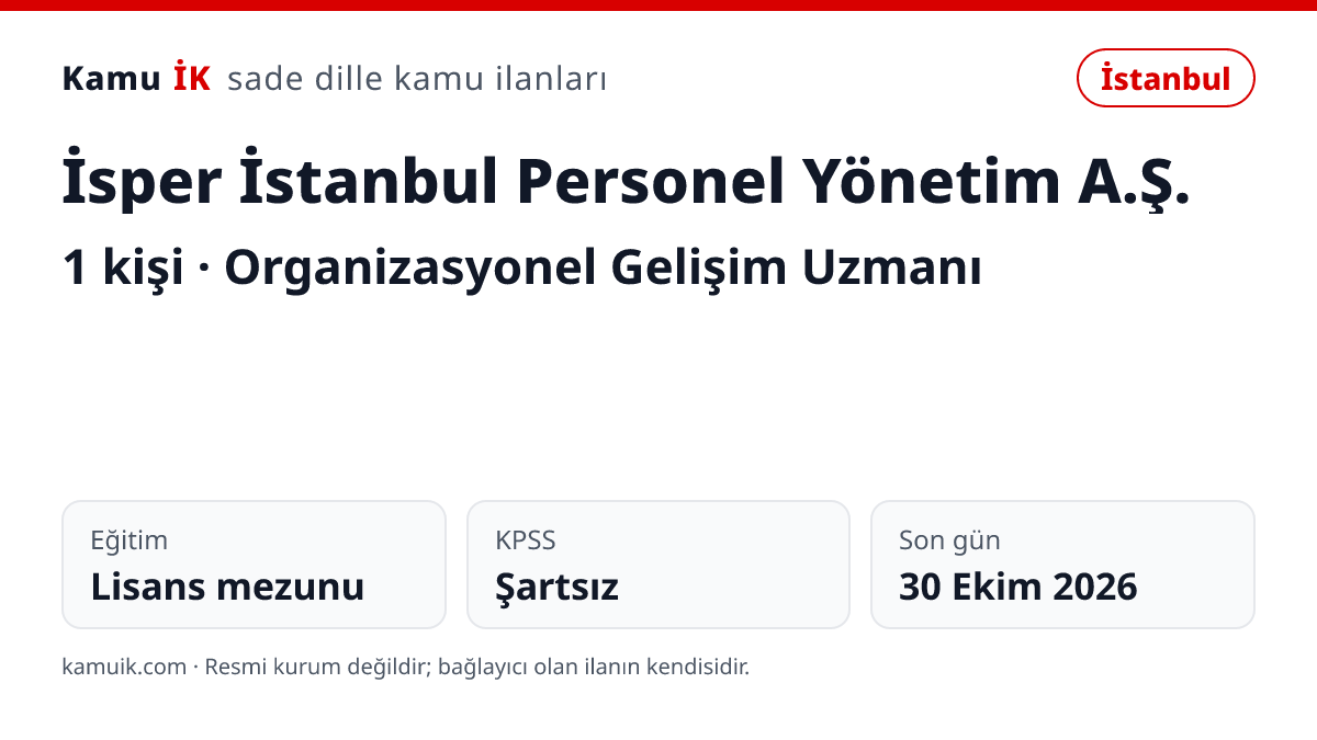İsper İstanbul Personel Yönetim A.Ş. ilanının özet kartı: 1 kişi, İstanbul, son başvuru 30 Ekim 2026