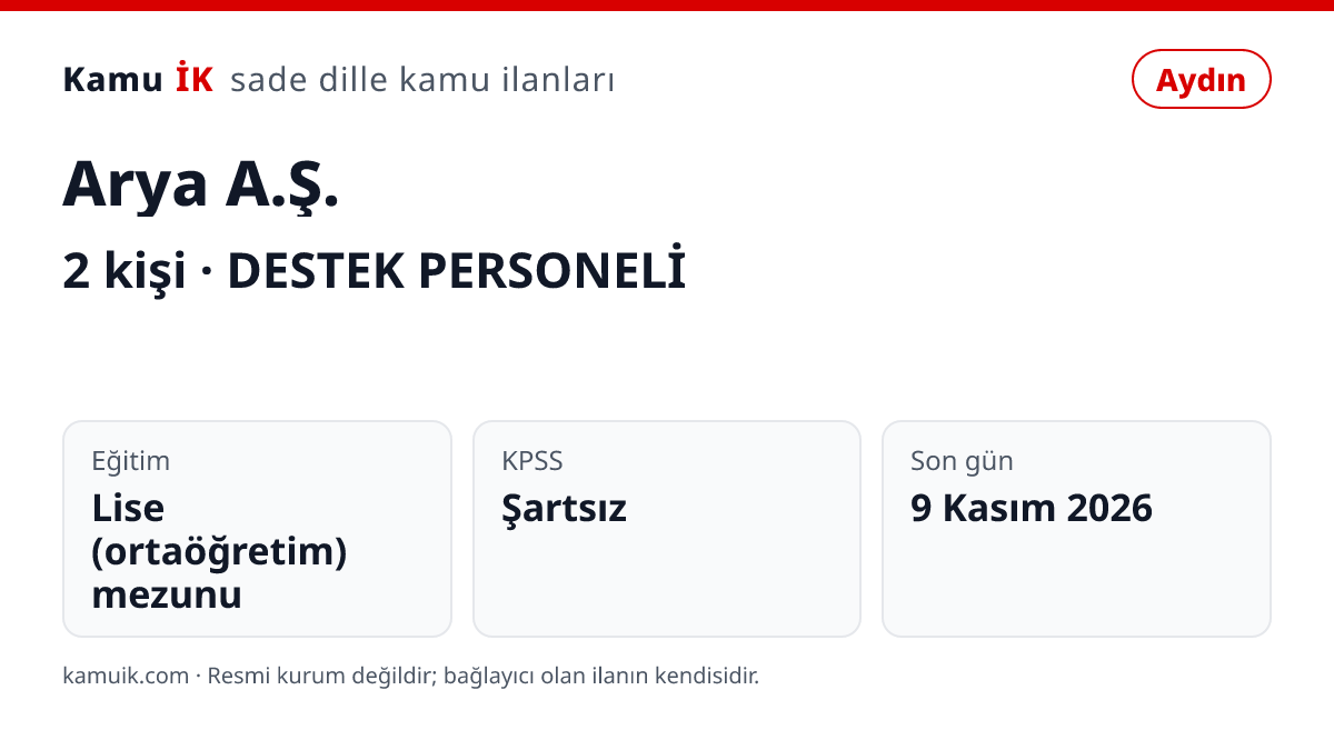 Arya A.Ş. ilanının özet kartı: 2 kişi, Aydın, son başvuru 9 Kasım 2026