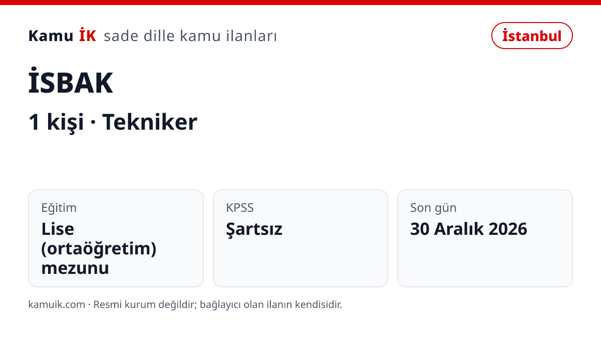 İSBAK ilanının özet kartı: 1 kişi, İstanbul, son başvuru 30 Aralık 2026