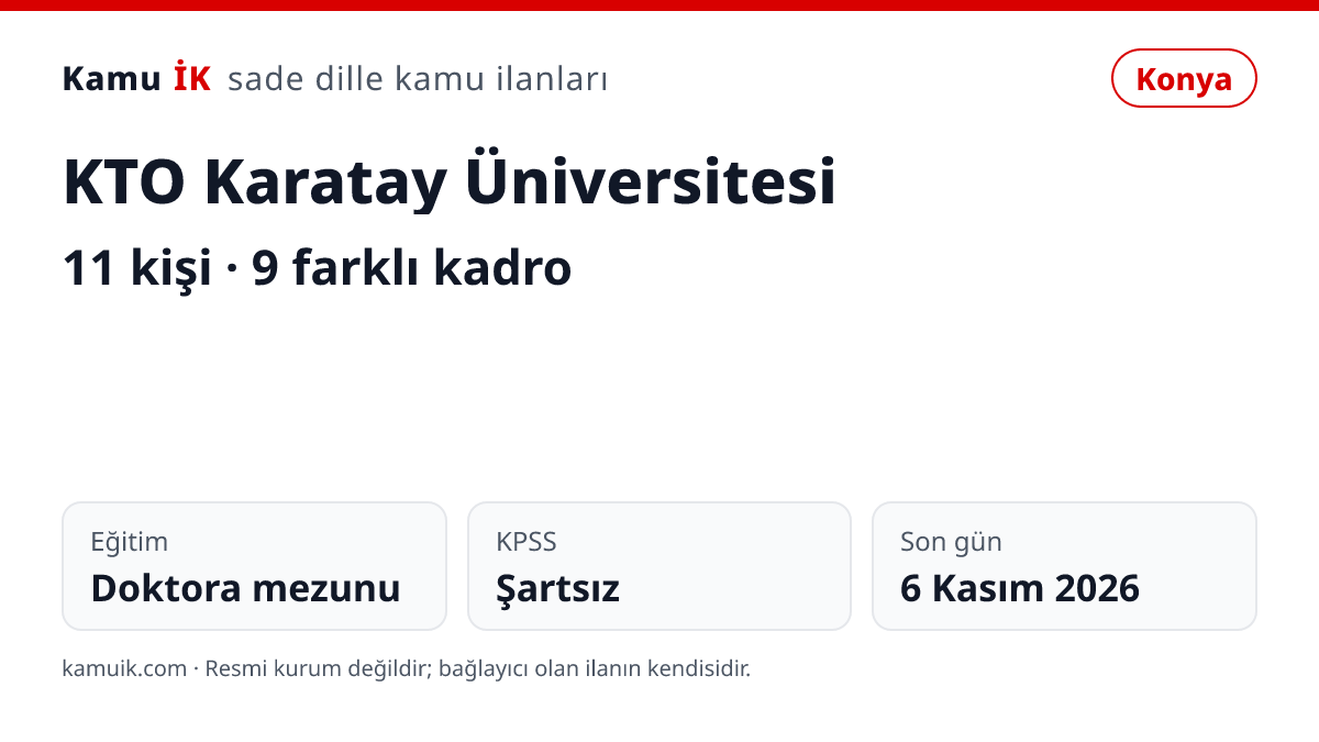 KTO Karatay Üniversitesi ilanının özet kartı: 11 kişi, Konya, son başvuru 6 Kasım 2026