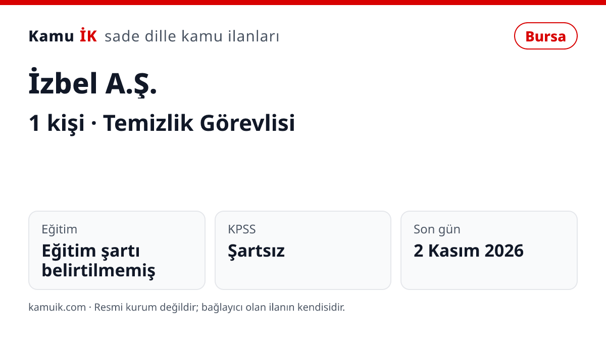 İzbel A.Ş. ilanının özet kartı: 1 kişi, Bursa, son başvuru 2 Kasım 2026