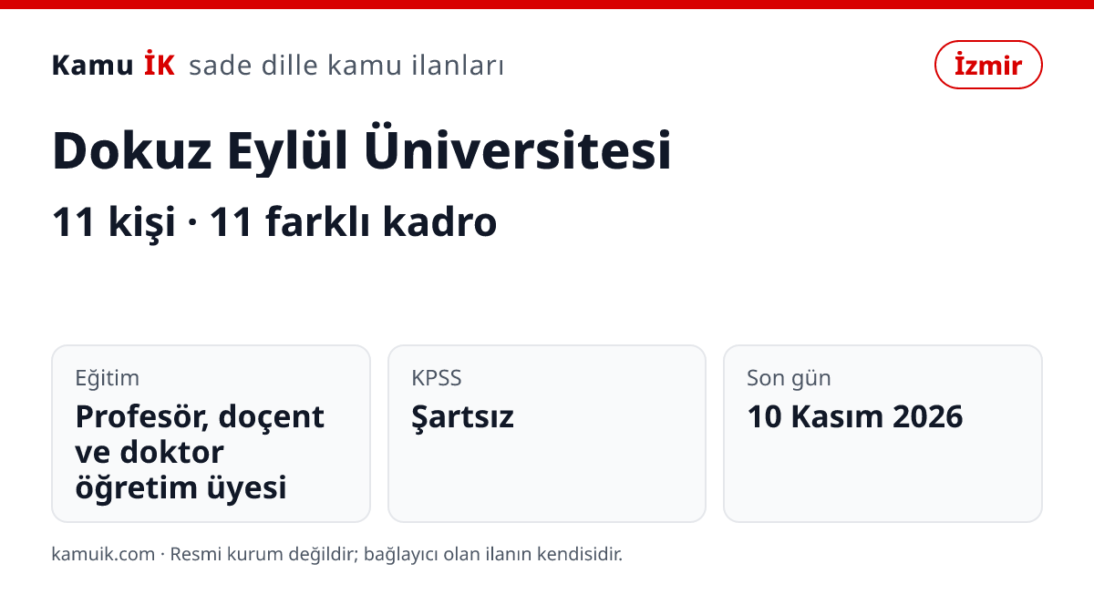 Dokuz Eylül Üniversitesi ilanının özet kartı: 11 kişi, İzmir, son başvuru 10 Kasım 2026