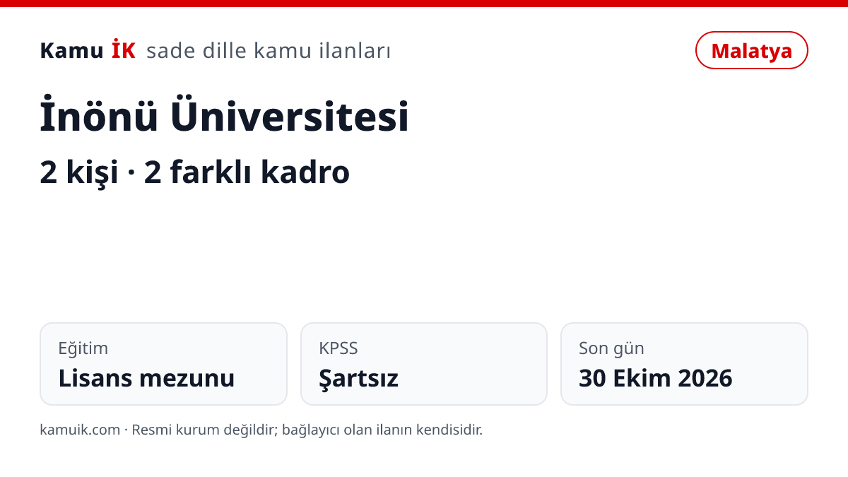 İnönü Üniversitesi ilanının özet kartı: 2 kişi, Malatya, son başvuru 30 Ekim 2026