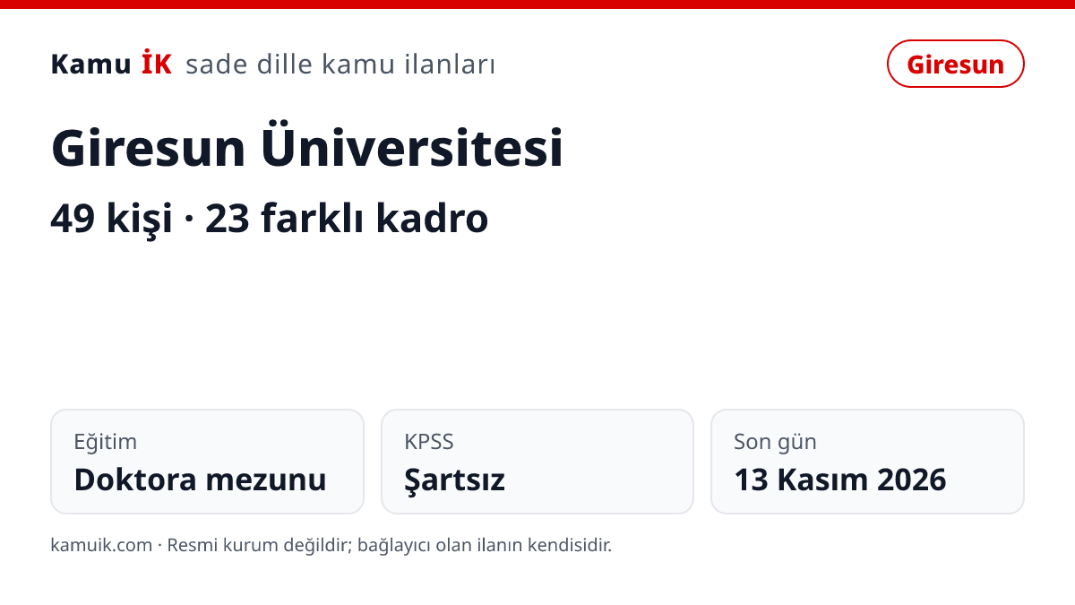 Giresun Üniversitesi ilanının özet kartı: 49 kişi, Giresun, son başvuru 13 Kasım 2026
