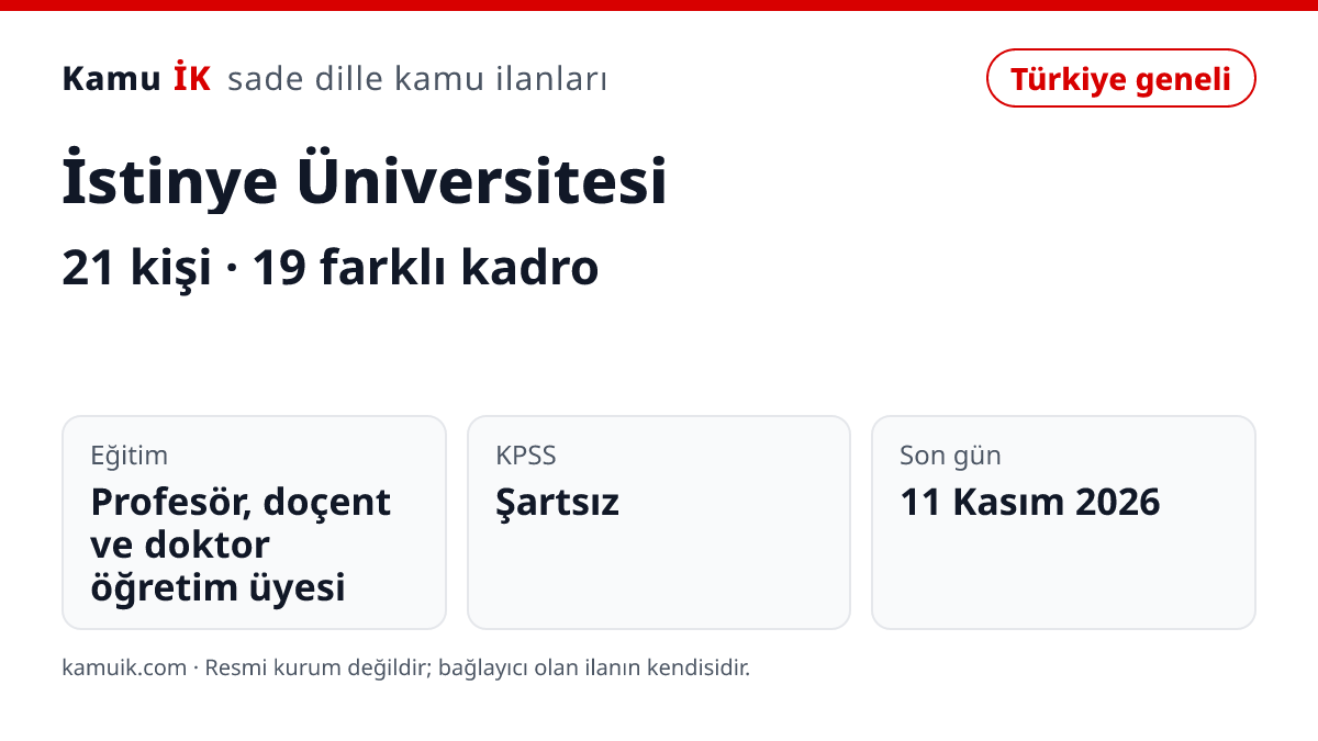 İstinye Üniversitesi ilanının özet kartı: 21 kişi, son başvuru 11 Kasım 2026