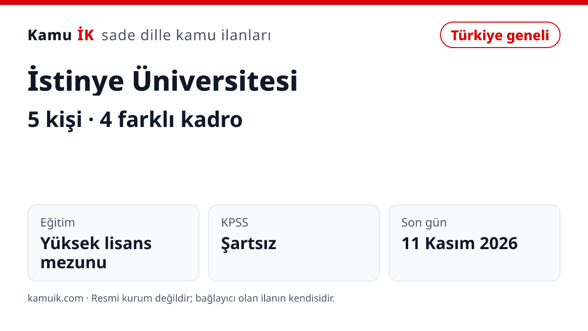 İstinye Üniversitesi ilanının özet kartı: 5 kişi, son başvuru 11 Kasım 2026