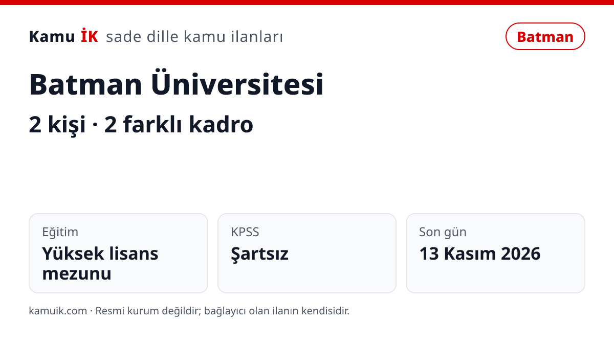 Batman Üniversitesi ilanının özet kartı: 2 kişi, Batman, son başvuru 13 Kasım 2026