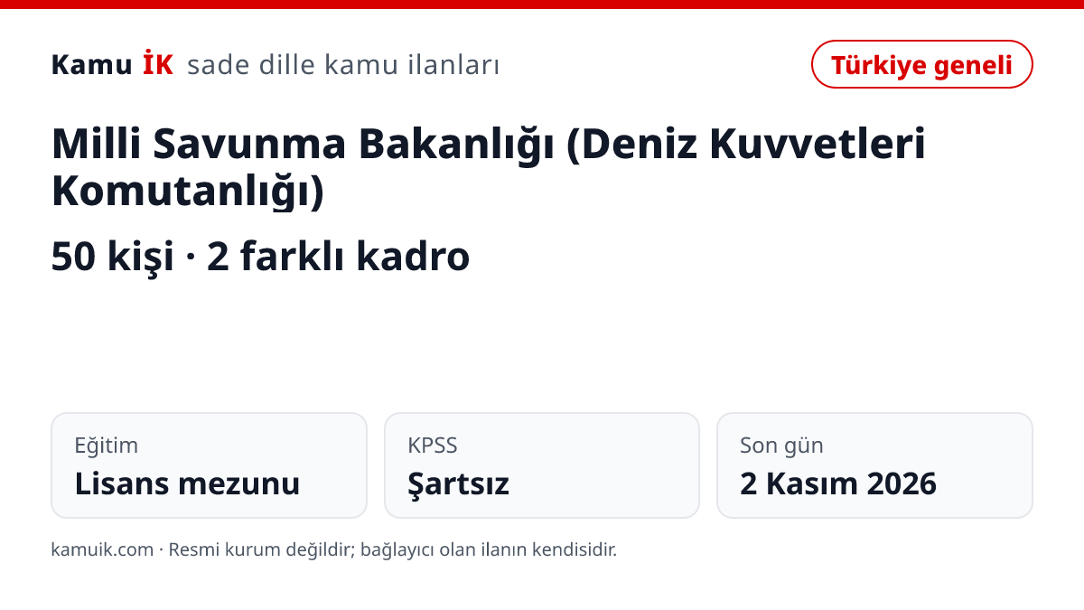 Milli Savunma Bakanlığı (Deniz Kuvvetleri Komutanlığı) ilanının özet kartı: 50 kişi, son başvuru 2 Kasım 2026