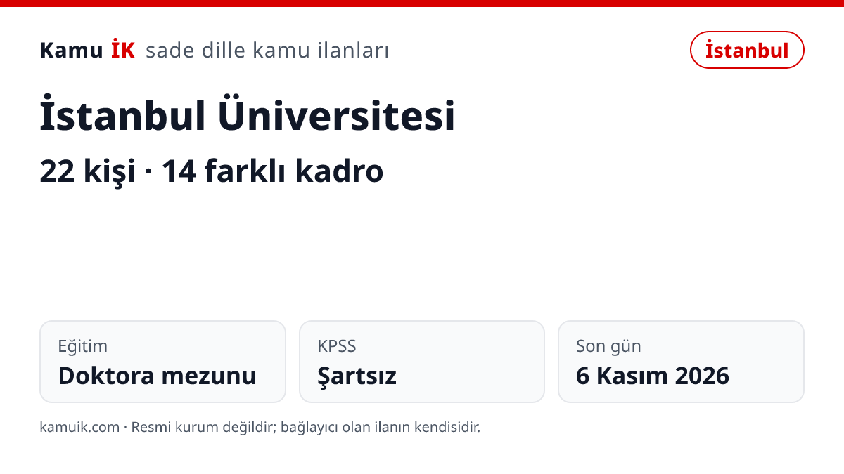 İstanbul Üniversitesi ilanının özet kartı: 22 kişi, İstanbul, son başvuru 6 Kasım 2026