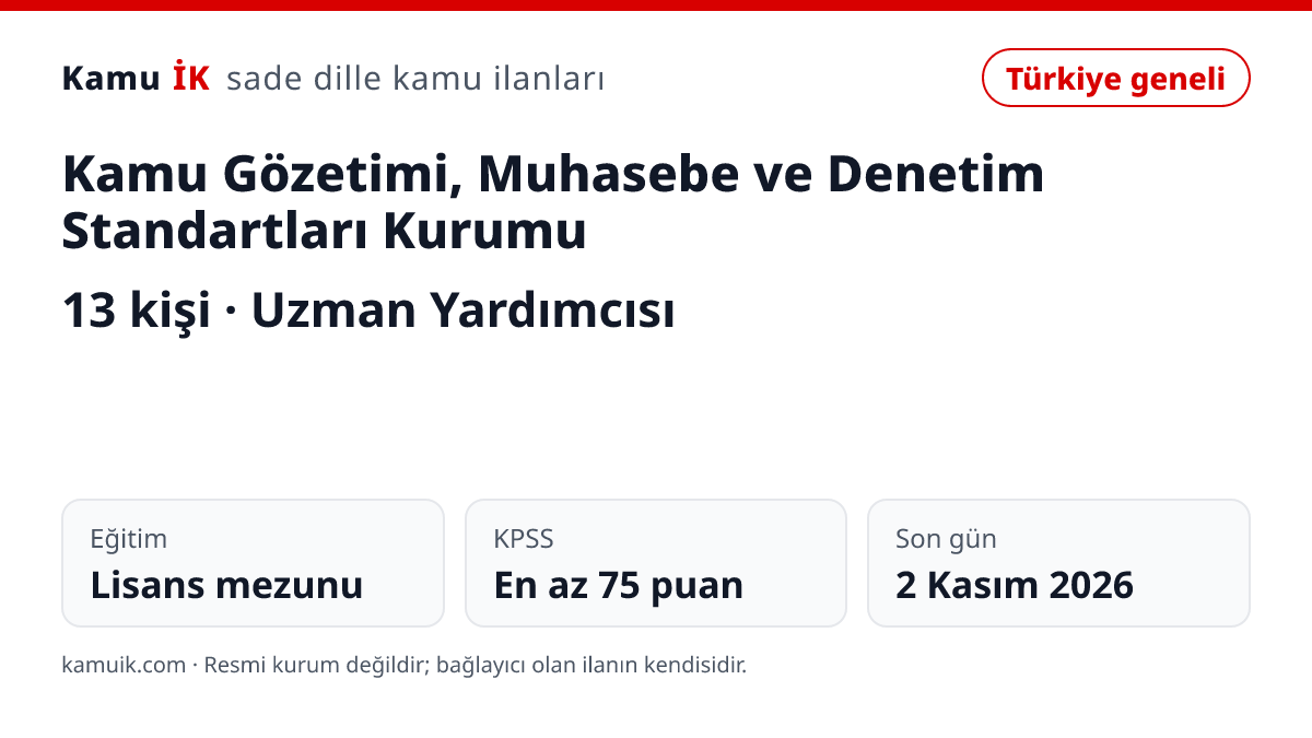Kamu Gözetimi, Muhasebe ve Denetim Standartları Kurumu ilanının özet kartı: 13 kişi, son başvuru 2 Kasım 2026