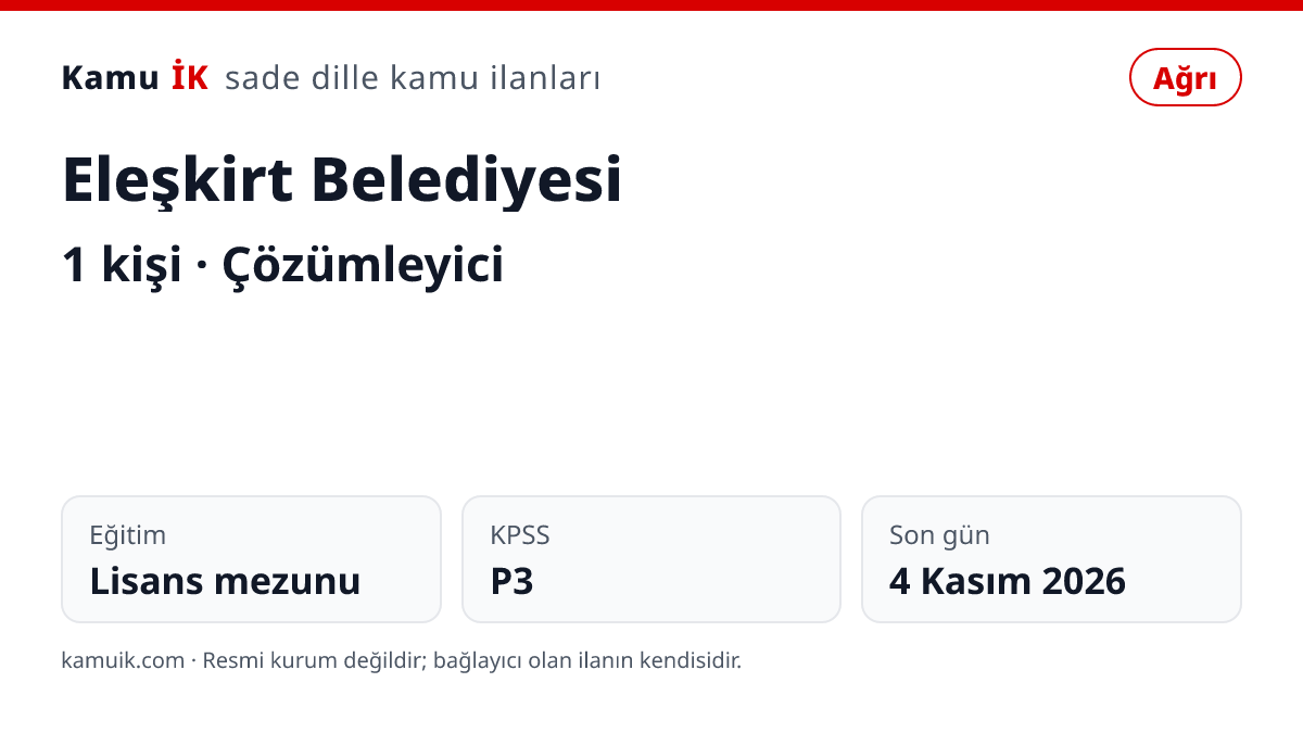 Eleşkirt Belediyesi ilanının özet kartı: 1 kişi, Ağrı, son başvuru 4 Kasım 2026