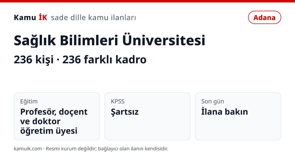 Sağlık Bilimleri Üniversitesi ilanının özet kartı: 236 kişi, Adana, son başvuru ilanda yazmıyor