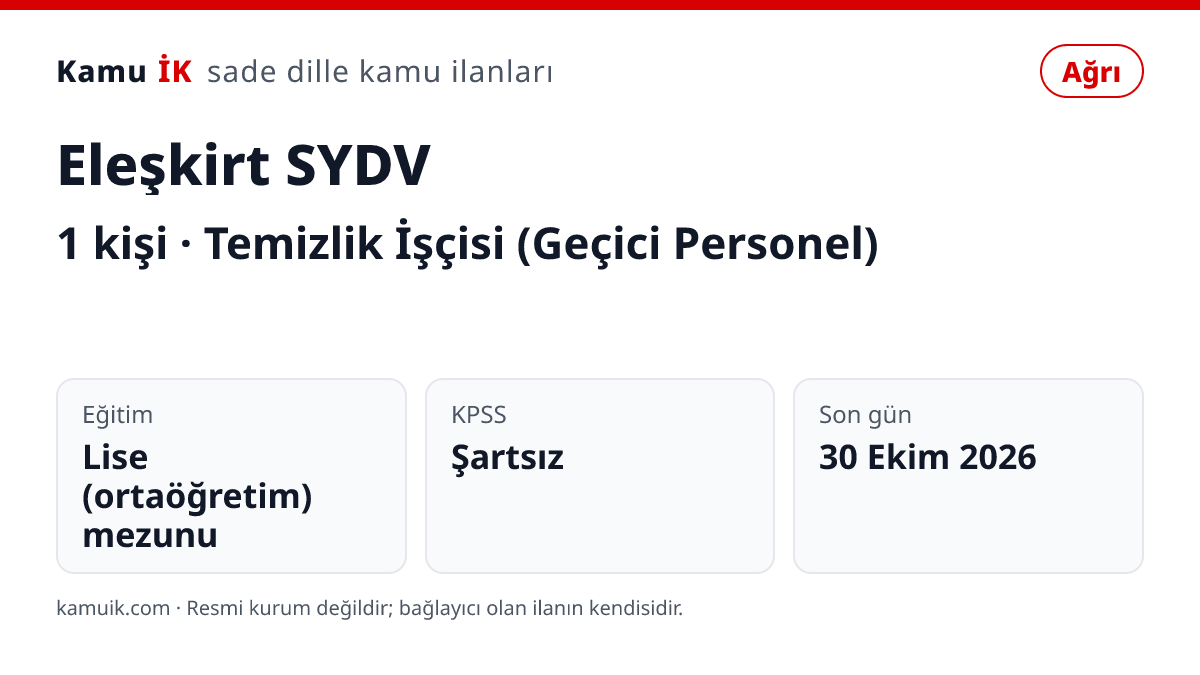 Eleşkirt SYDV ilanının özet kartı: 1 kişi, Ağrı, son başvuru 30 Ekim 2026