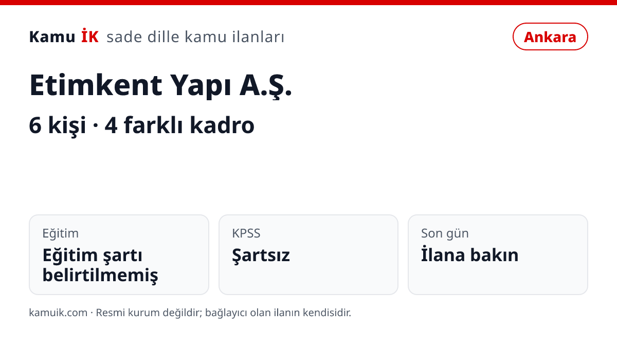 Etimkent Yapı A.Ş. ilanının özet kartı: 6 kişi, Ankara, son başvuru ilanda yazmıyor