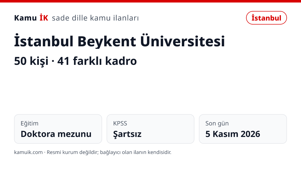 İstanbul Beykent Üniversitesi ilanının özet kartı: 50 kişi, İstanbul, son başvuru 5 Kasım 2026