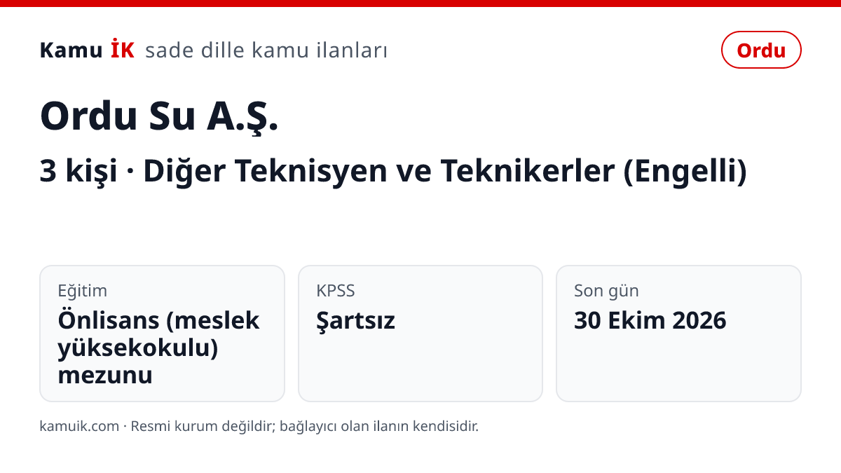 Ordu Su A.Ş. ilanının özet kartı: 3 kişi, Ordu, son başvuru 30 Ekim 2026