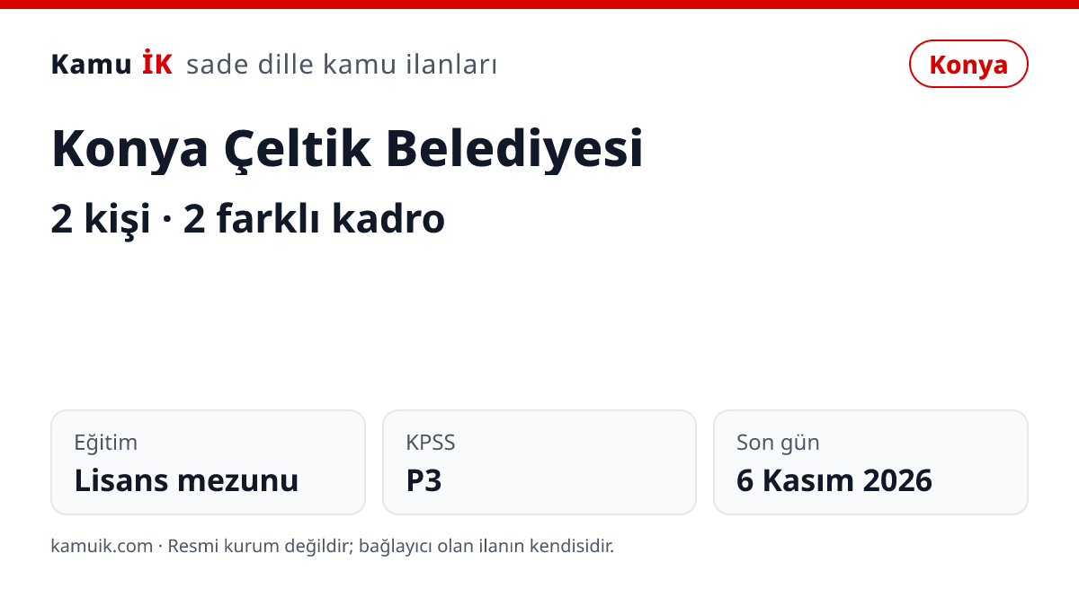 Konya Çeltik Belediyesi ilanının özet kartı: 2 kişi, Konya, son başvuru 6 Kasım 2026