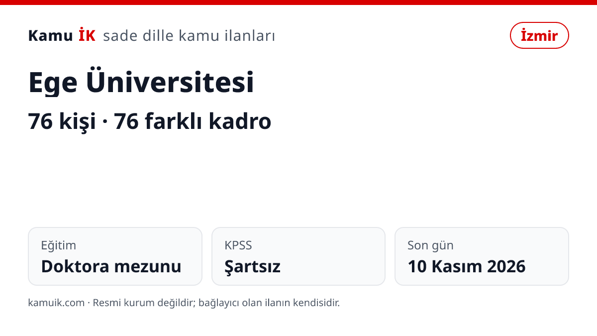 Ege Üniversitesi ilanının özet kartı: 76 kişi, İzmir, son başvuru 10 Kasım 2026