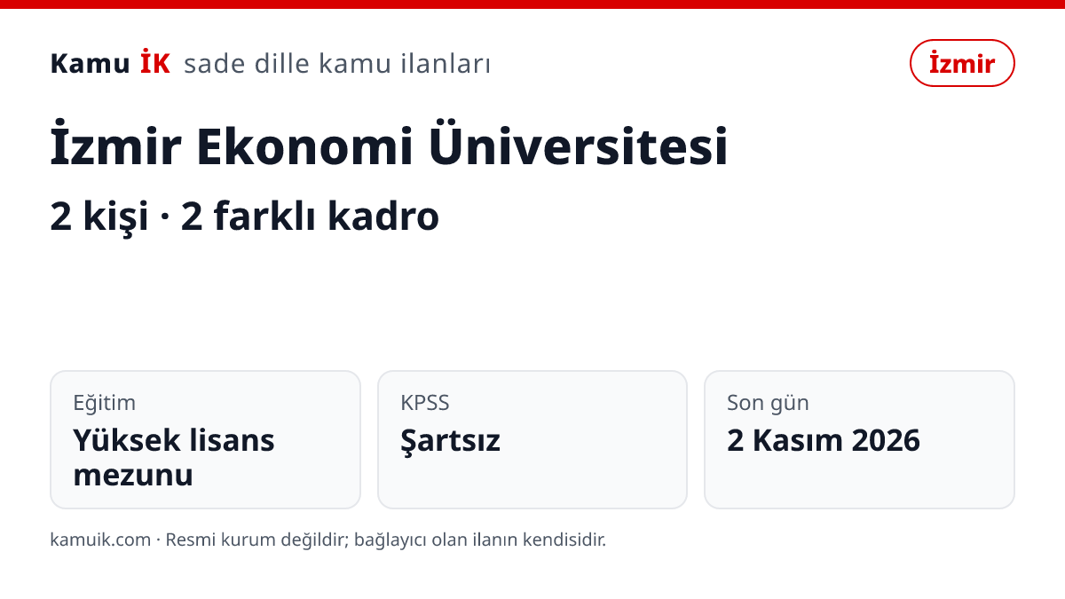 İzmir Ekonomi Üniversitesi ilanının özet kartı: 2 kişi, İzmir, son başvuru 2 Kasım 2026