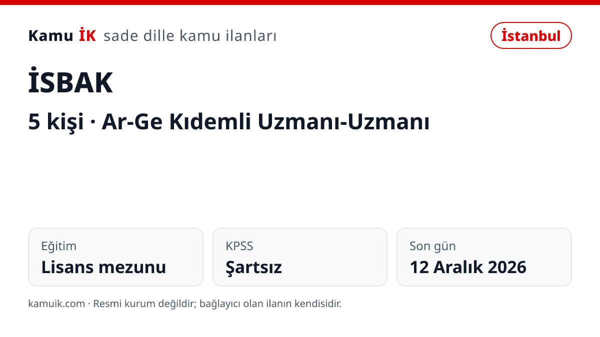 İSBAK ilanının özet kartı: 5 kişi, İstanbul, son başvuru 12 Aralık 2026