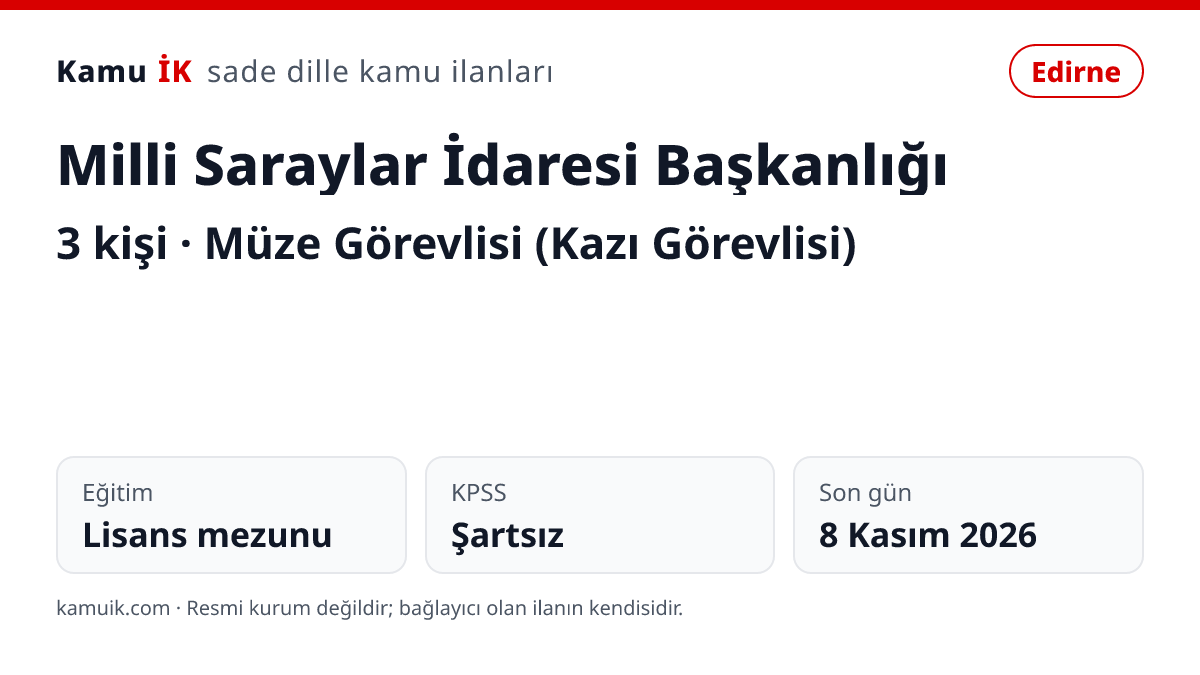 Milli Saraylar İdaresi Başkanlığı ilanının özet kartı: 3 kişi, Edirne, son başvuru 8 Kasım 2026