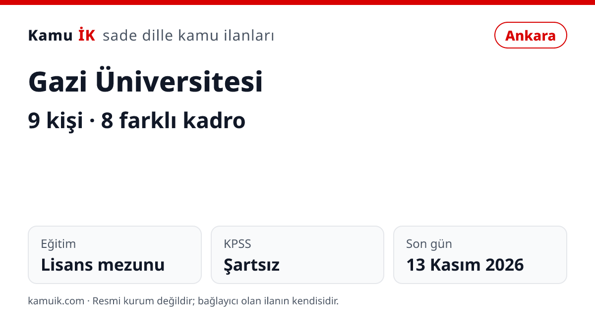 Gazi Üniversitesi ilanının özet kartı: 9 kişi, Ankara, son başvuru 13 Kasım 2026