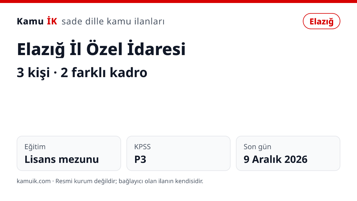 Elazığ İl Özel İdaresi ilanının özet kartı: 3 kişi, Elazığ, son başvuru 9 Aralık 2026