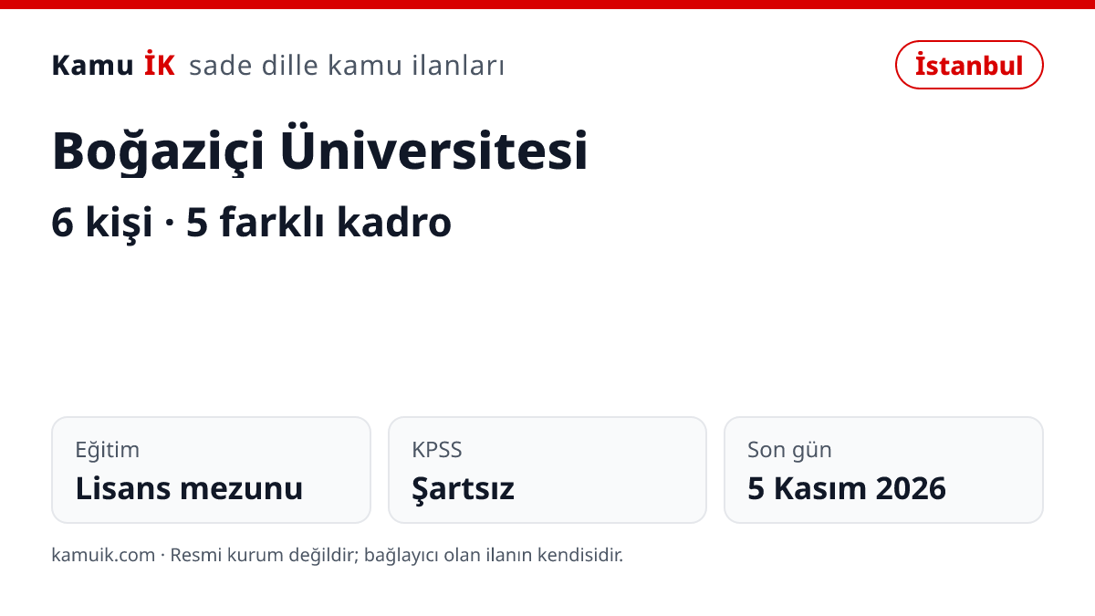 Boğaziçi Üniversitesi ilanının özet kartı: 6 kişi, İstanbul, son başvuru 5 Kasım 2026