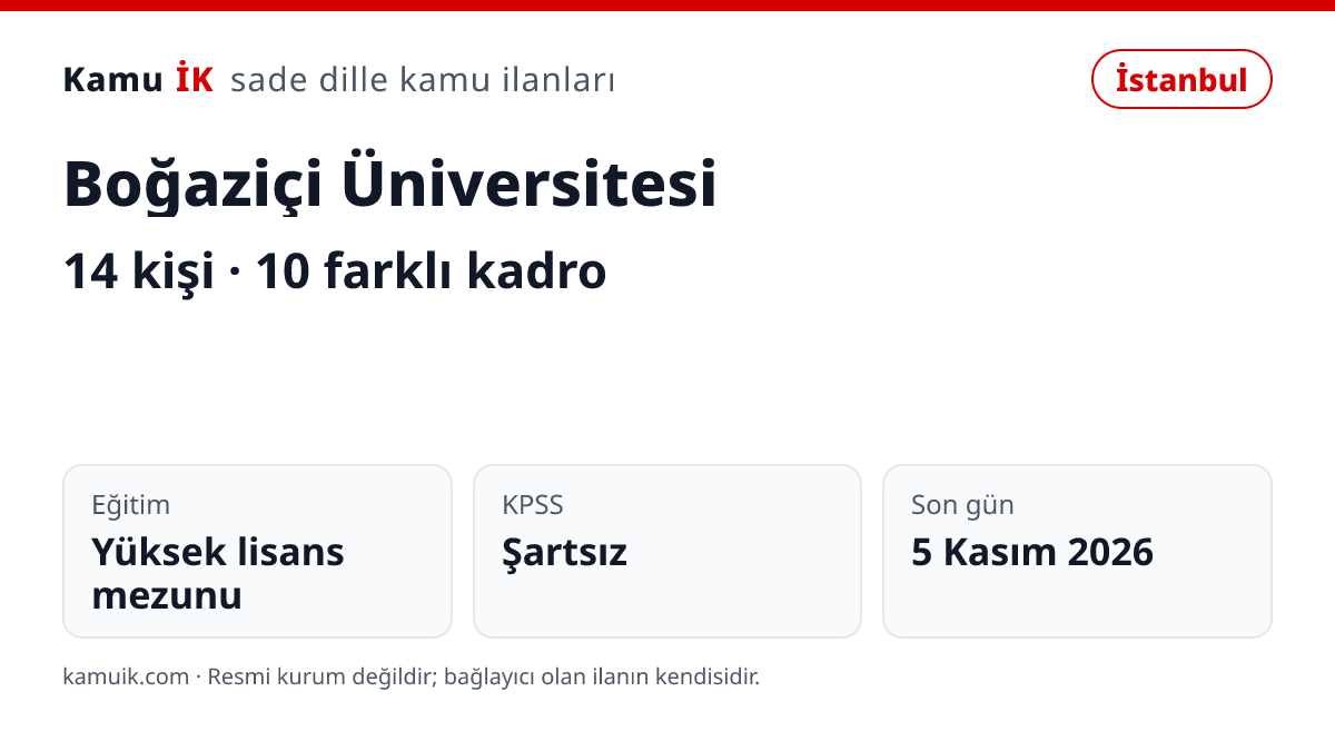 Boğaziçi Üniversitesi ilanının özet kartı: 14 kişi, İstanbul, son başvuru 5 Kasım 2026