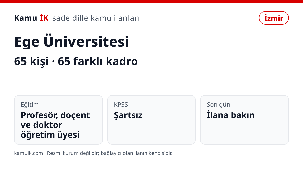 Ege Üniversitesi ilanının özet kartı: 65 kişi, İzmir, son başvuru ilanda yazmıyor