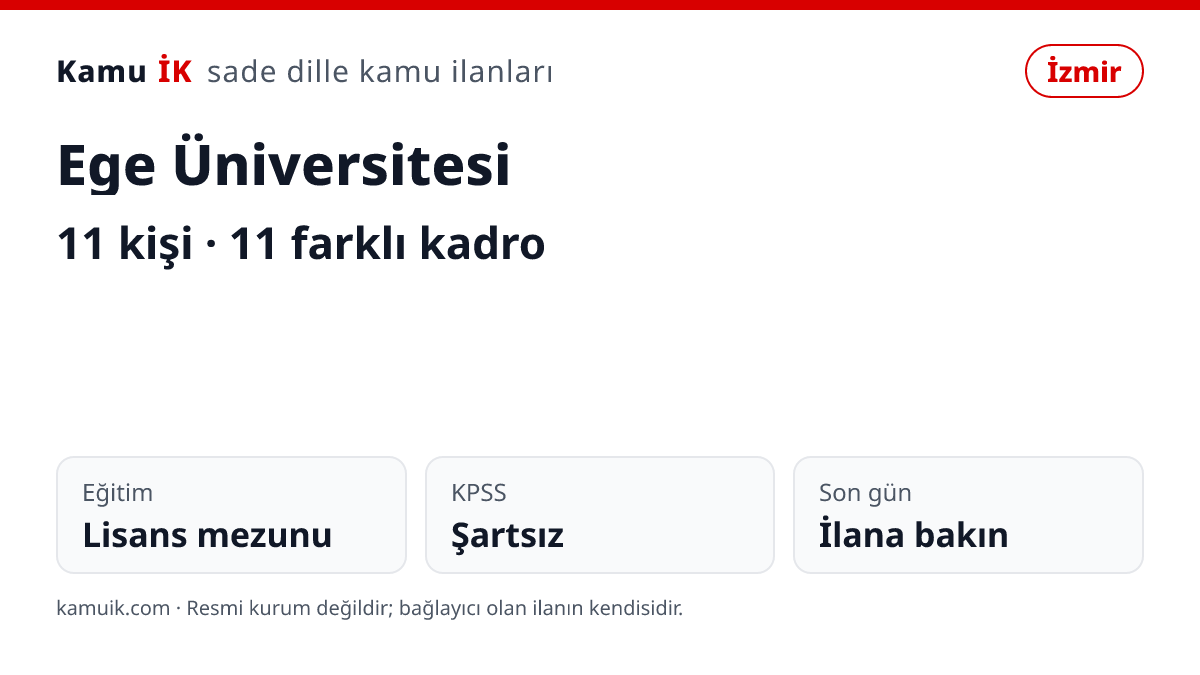 Ege Üniversitesi ilanının özet kartı: 11 kişi, İzmir, son başvuru ilanda yazmıyor