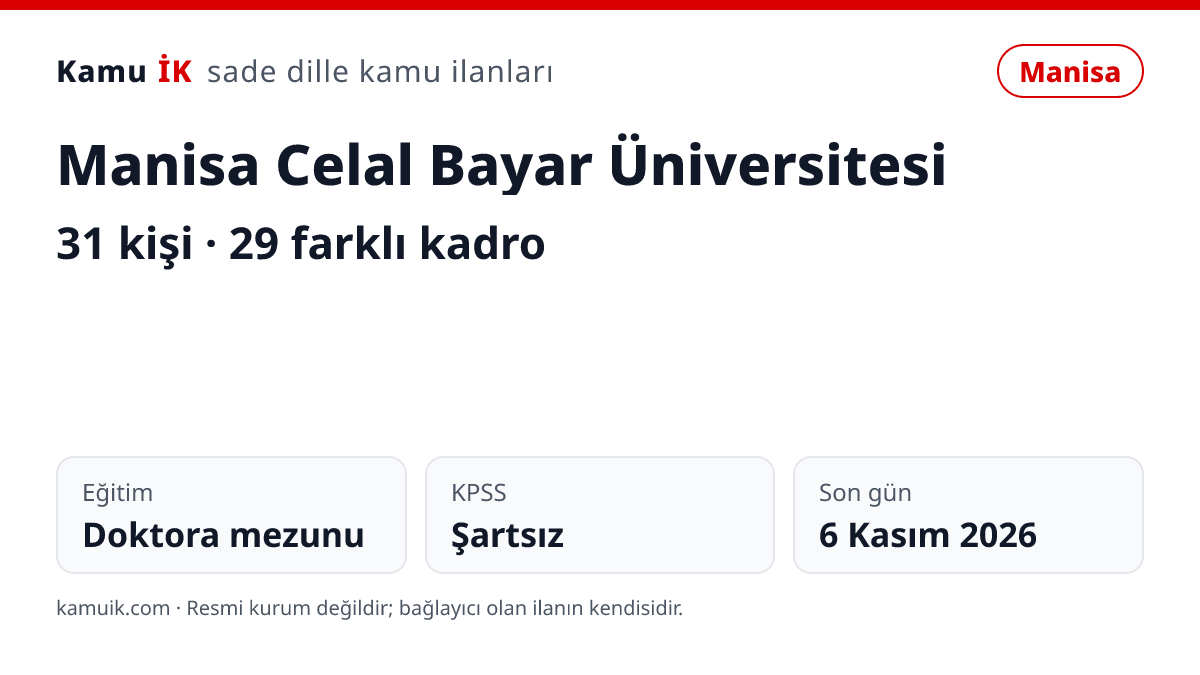 Manisa Celal Bayar Üniversitesi ilanının özet kartı: 31 kişi, Manisa, son başvuru 6 Kasım 2026