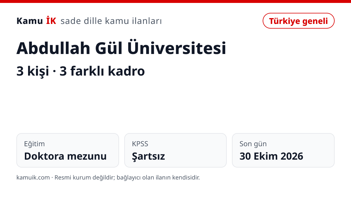 Abdullah Gül Üniversitesi ilanının özet kartı: 3 kişi, son başvuru 30 Ekim 2026