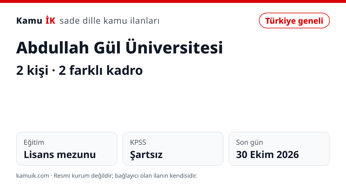 Abdullah Gül Üniversitesi ilanının özet kartı: 2 kişi, son başvuru 30 Ekim 2026
