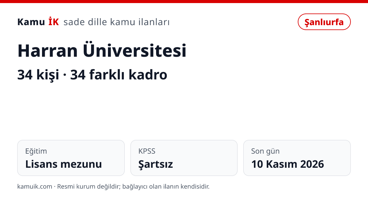 Harran Üniversitesi ilanının özet kartı: 34 kişi, Şanlıurfa, son başvuru 10 Kasım 2026