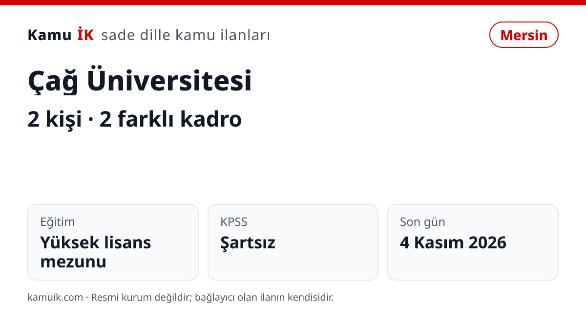 Çağ Üniversitesi ilanının özet kartı: 2 kişi, Mersin, son başvuru 4 Kasım 2026